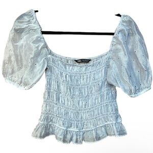 ZARA Puff Sheer Sleeve Smocked Cropped Top Blouse dot detail Grey Women’s XS